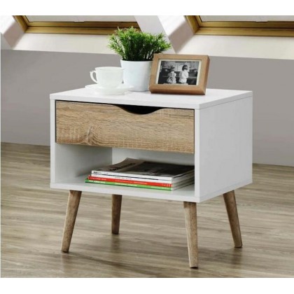 Noční stolek SUNDAL I 23038A 49x50x39 cm nohy dřevo kaučukovník ostatní dřevolaminát barva bílá povrch matný dekor dub